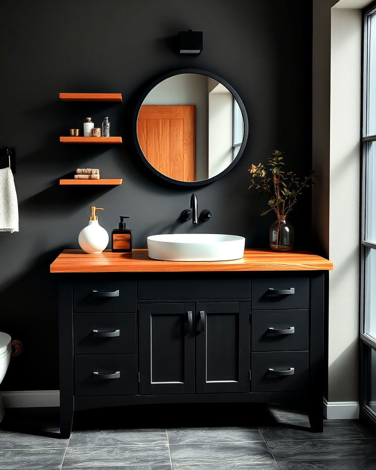 wooden countertop for black vanity - 20 Black Vanity Bathroom Ideas