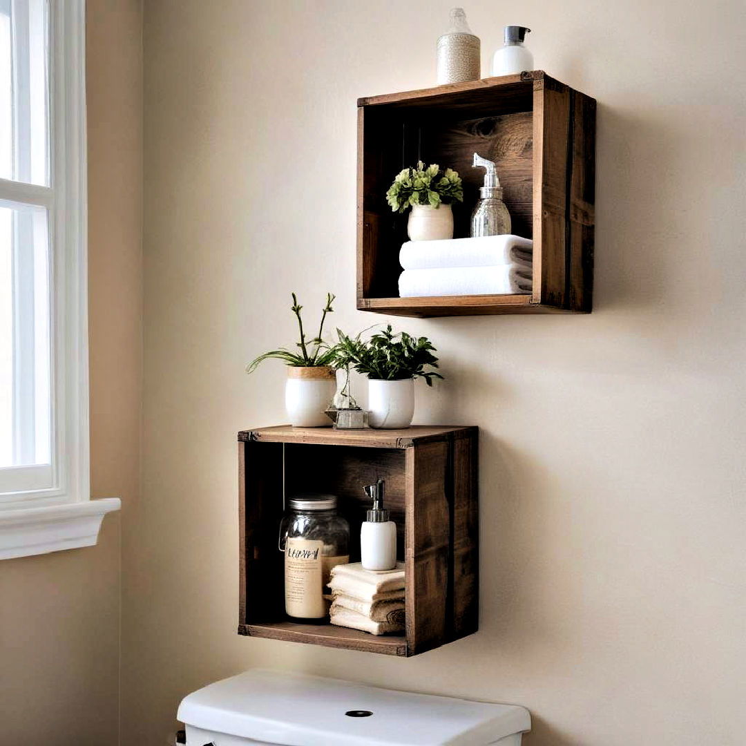 wooden crates for over the toilet storage - 25 Over Toilet Storage Ideas