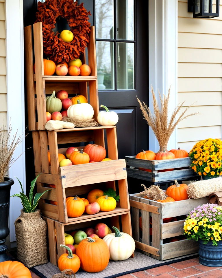 wooden crates with seasonal produce for fall display - 30 Front Door Fall Decor Ideas