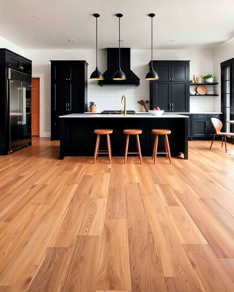 wooden floors with black island for kitchen - 20 Black and Brown Kitchen Ideas