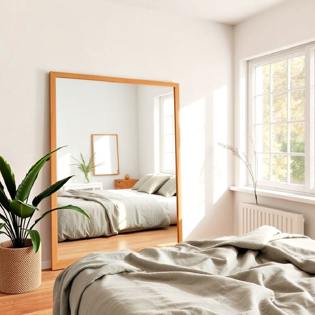 wooden framed mirror to enhance light - 25 Chill Aesthetic Room Ideas