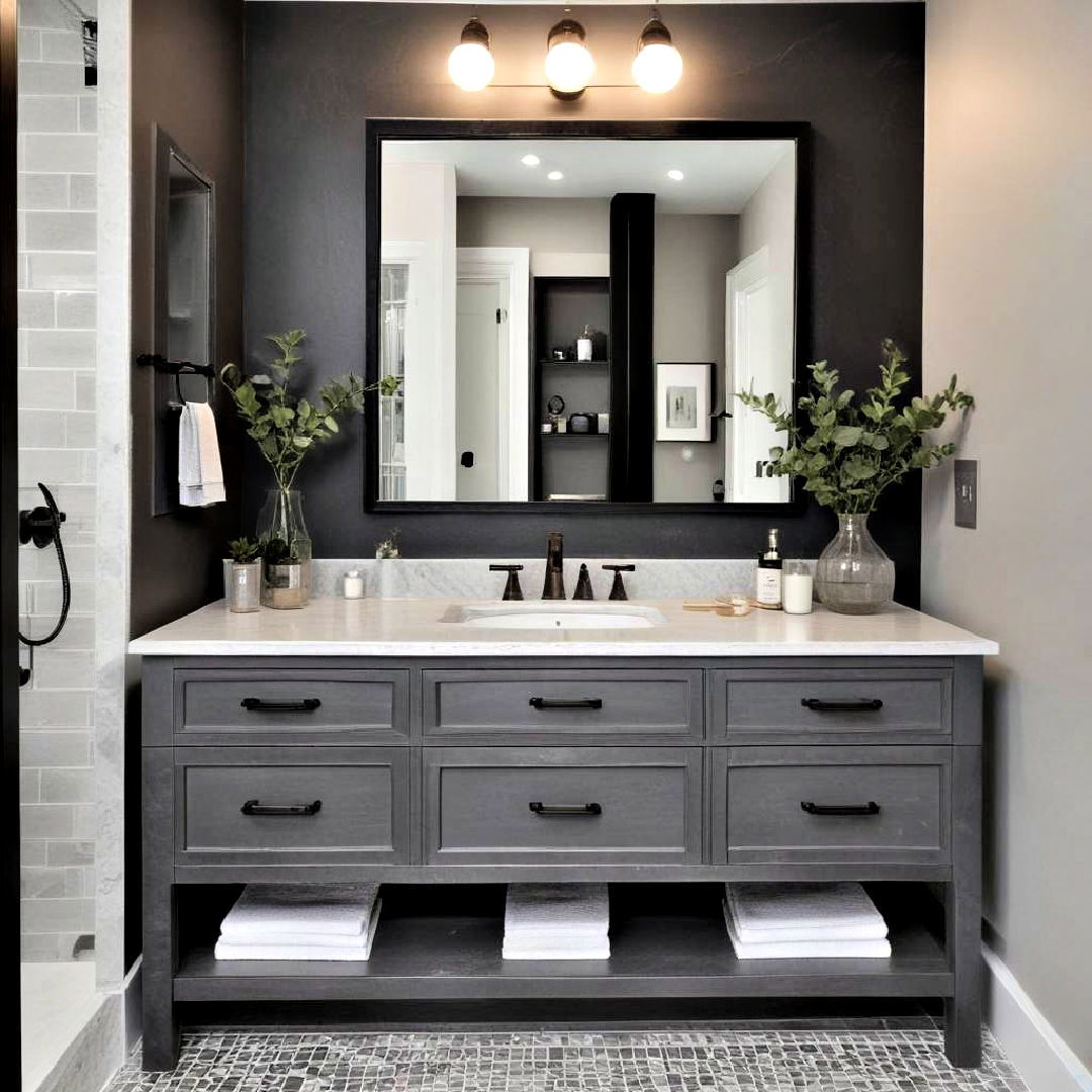 wooden grey stained vanity - 20 Black and Grey Bathroom Ideas