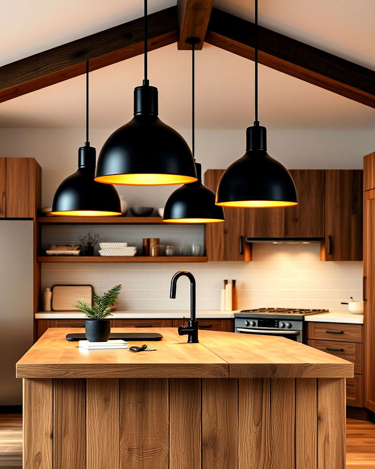 wooden island and black pendant lights - 20 Black and Brown Kitchen Ideas
