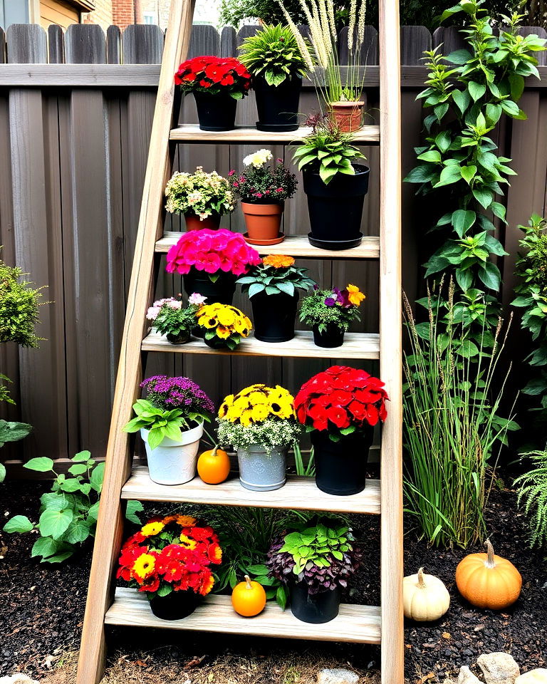 wooden ladder as tiered planter - 40 Fall Planter Ideas