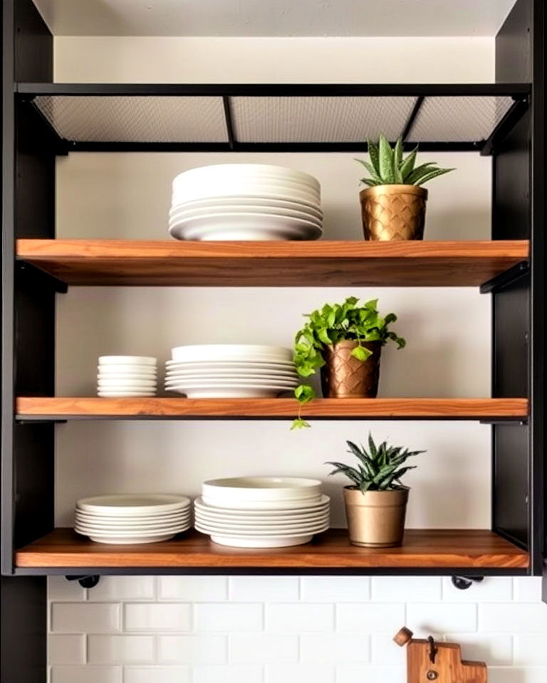 wooden open shelving with black frames - 20 Black and Brown Kitchen Ideas