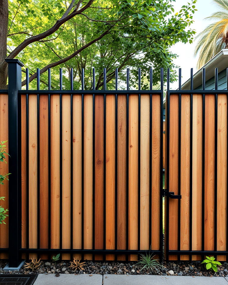 wooden panels and vertical metal bars - 25 Metal and Wood Fence