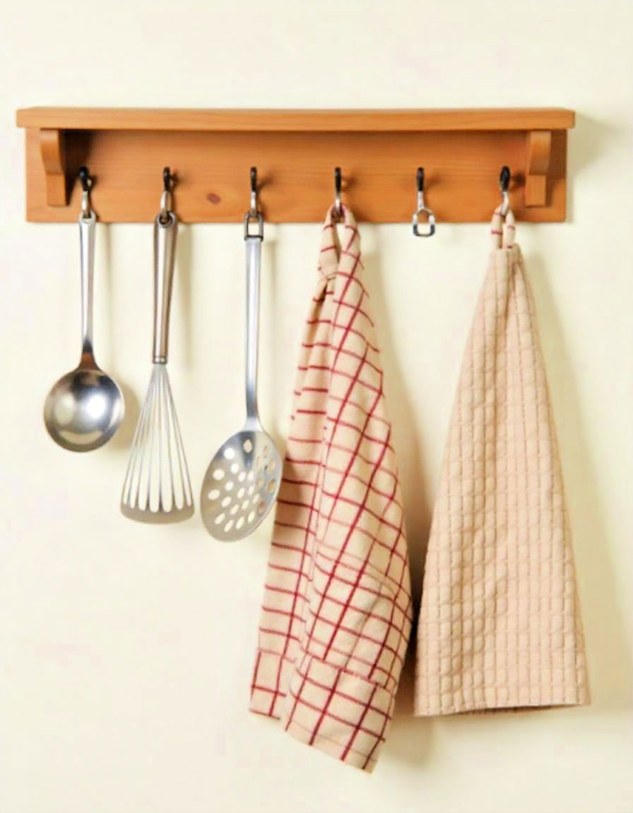 wooden peg rail to hang utensils - 20 Primitive Kitchen Ideas