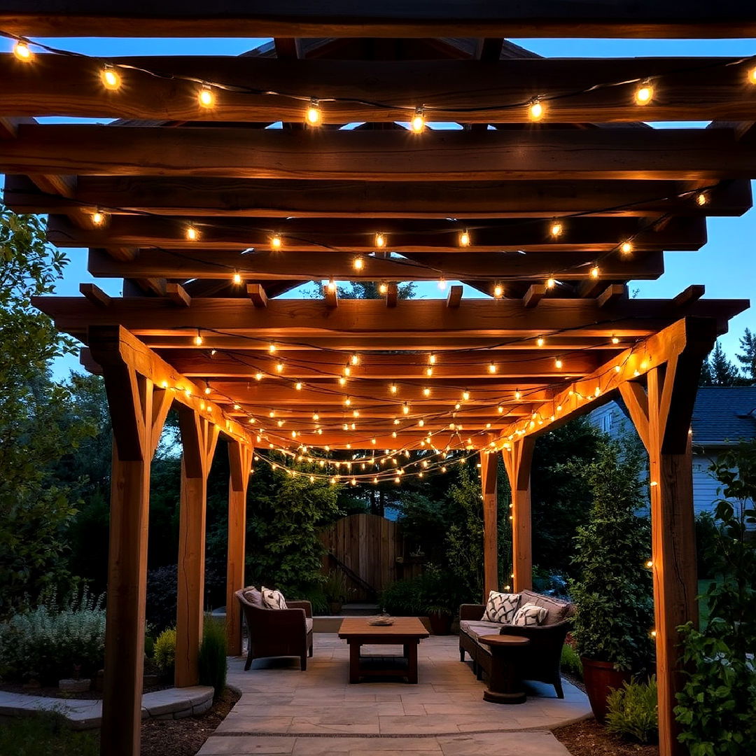 wooden pergola with string lights for patio - 40 Patio With a Pergola Ideas