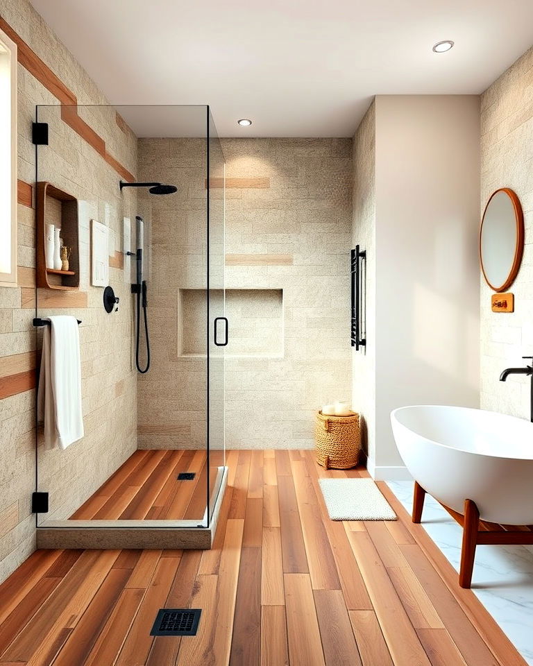 wooden plank flooring for rustic feel - 25 Rustic Walk-in Shower Ideas