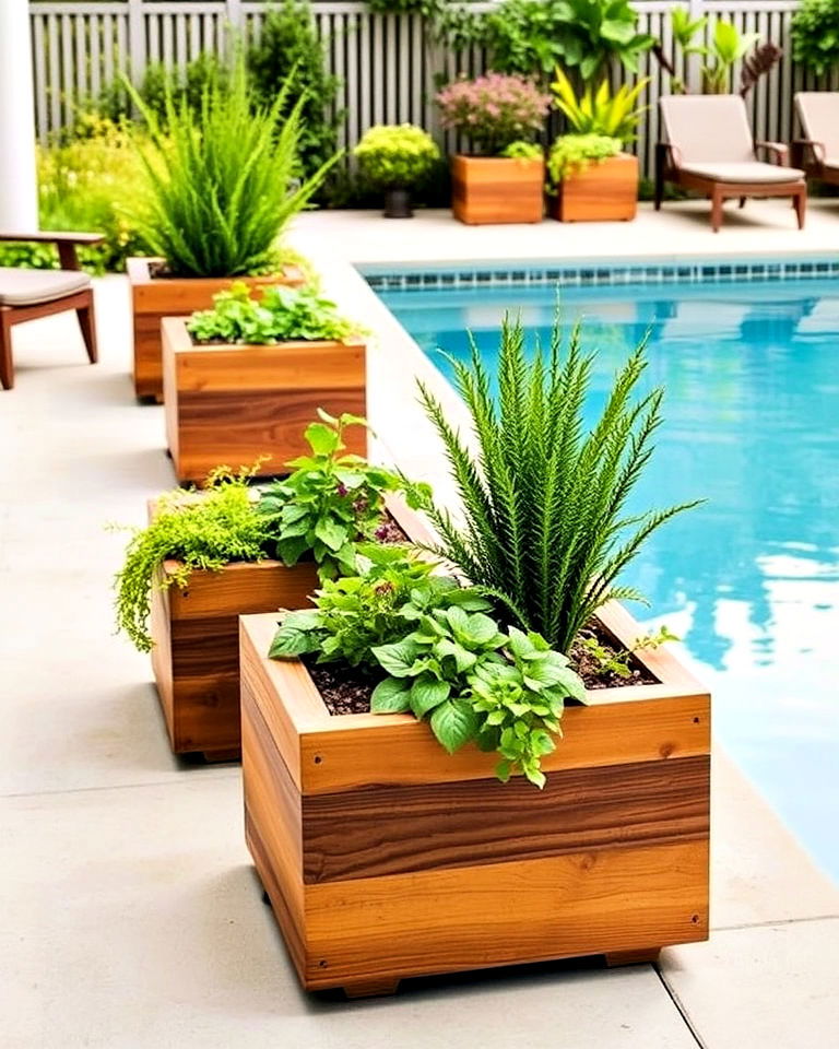wooden pool planters for natural charm - 30 Pool Planter Ideas