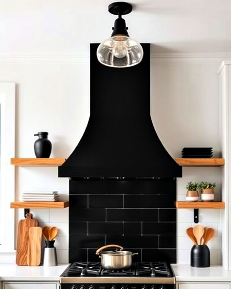 wooden shelving with black range hood - 20 Black and Brown Kitchen Ideas