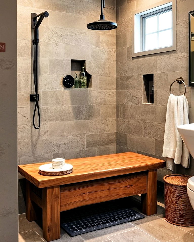 wooden shower bench to add rustic beauty - 25 Rustic Walk-in Shower Ideas