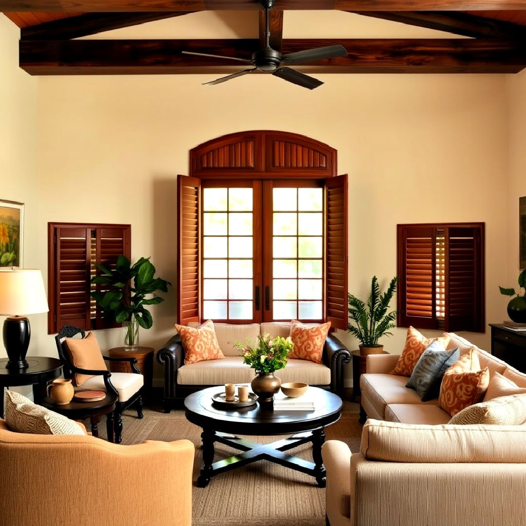 wooden shutters for windows ideas - 25 Spanish Style Living Room Ideas