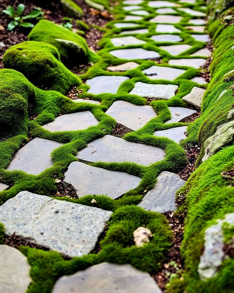 woodland garden with stone and moss pathway - 20 Woodland Garden Path Ideas