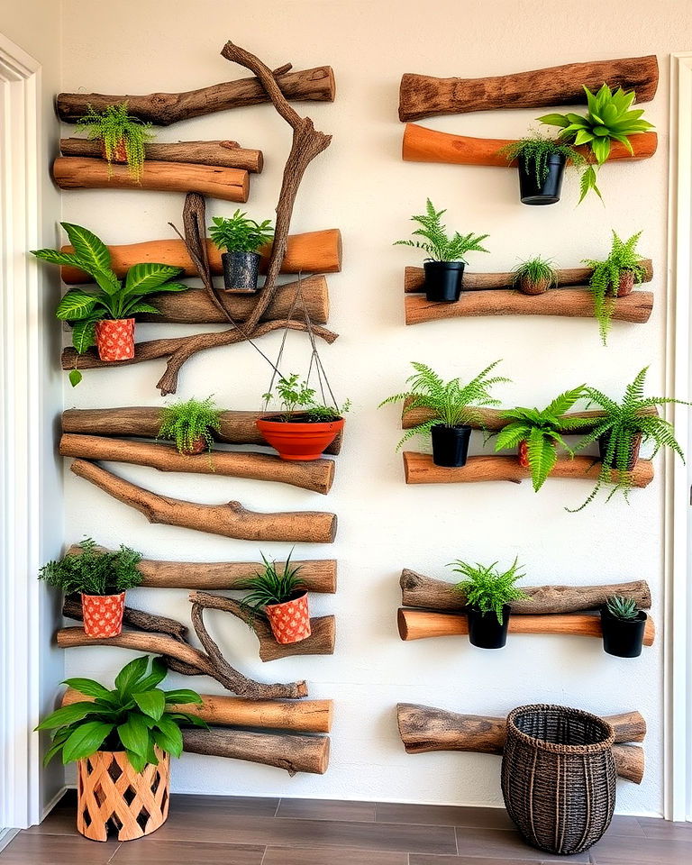 woodland inspired log and branch plant wall - 40 Vertical Garden Ideas