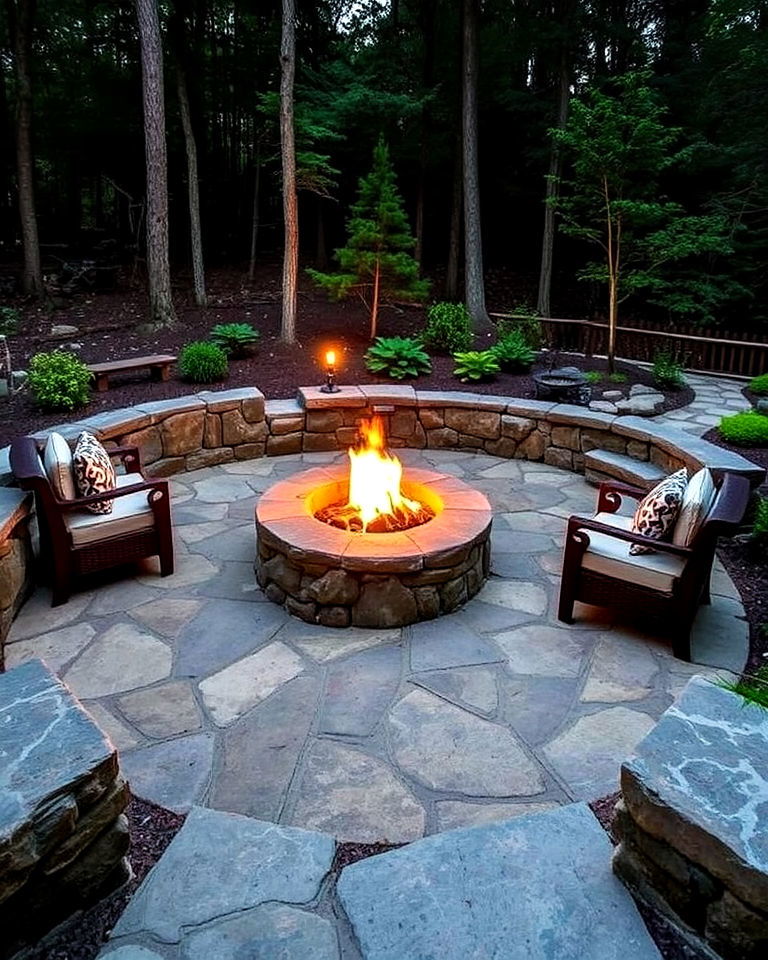 woodland inspired stone patio with fire pit - 25 Stone Patio With a Fire Pit Ideas