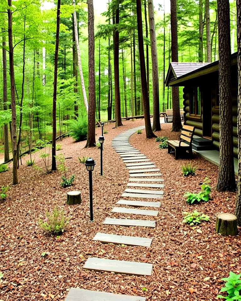 woodland walkway for log cabin landscaping - 25 Log Cabin Landscaping Ideas