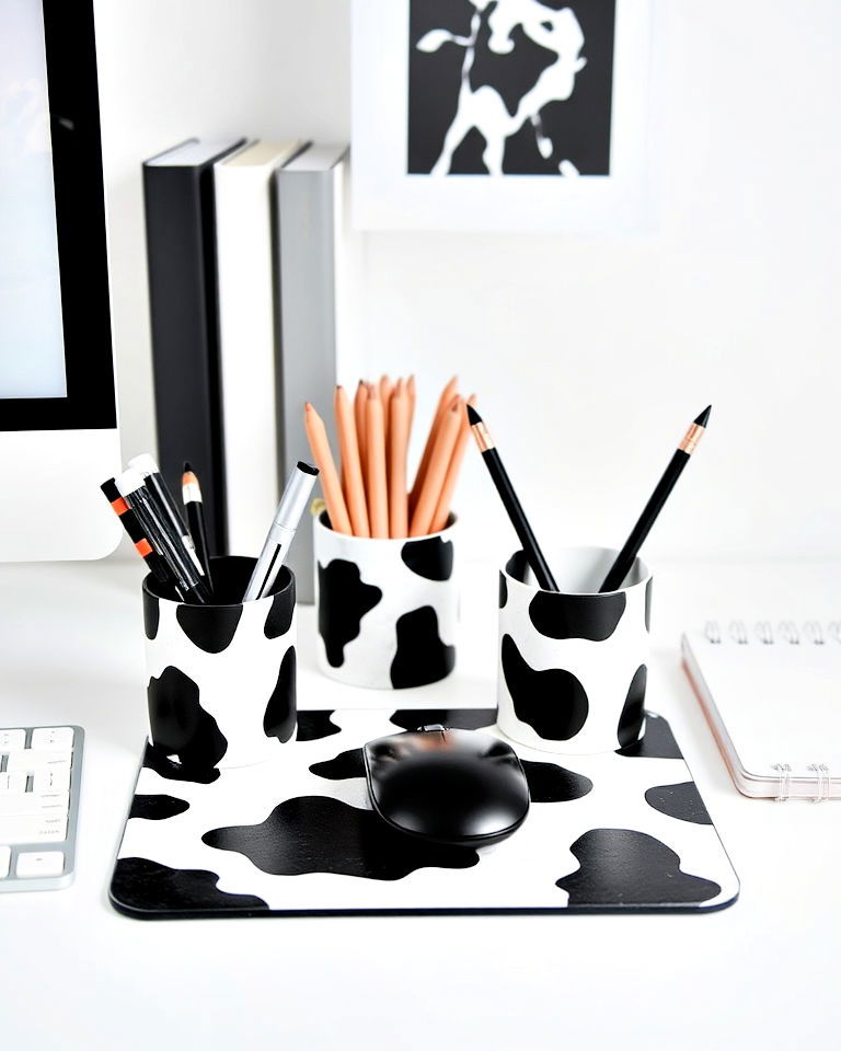 workspace with cow print desk accessories - 15 Cow Print Room Decor Ideas