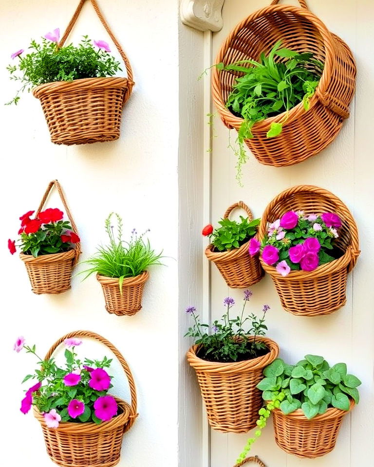 woven basket wall planters for vertical garden - 40 Vertical Garden Ideas