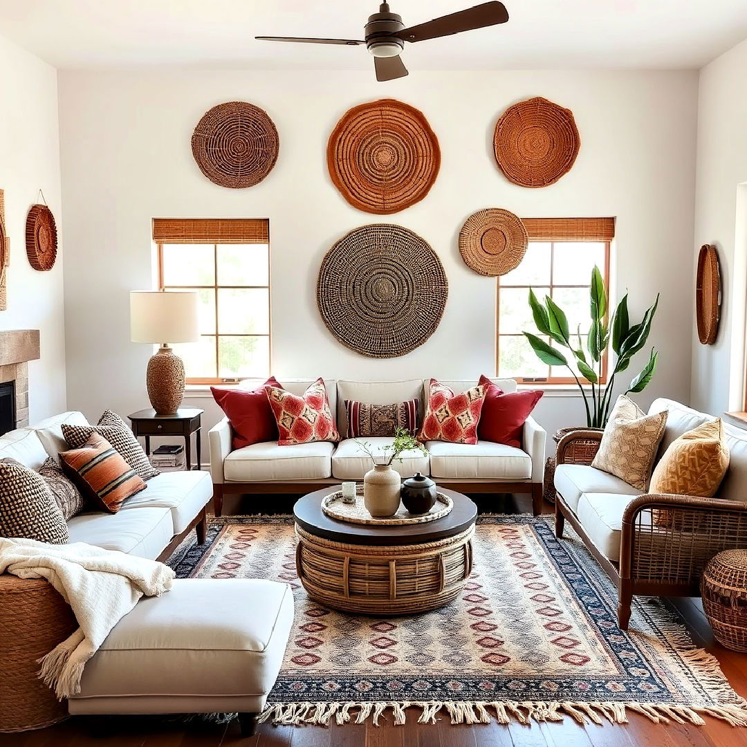 woven baskets as wall art - 25 Southwestern Living Room Ideas