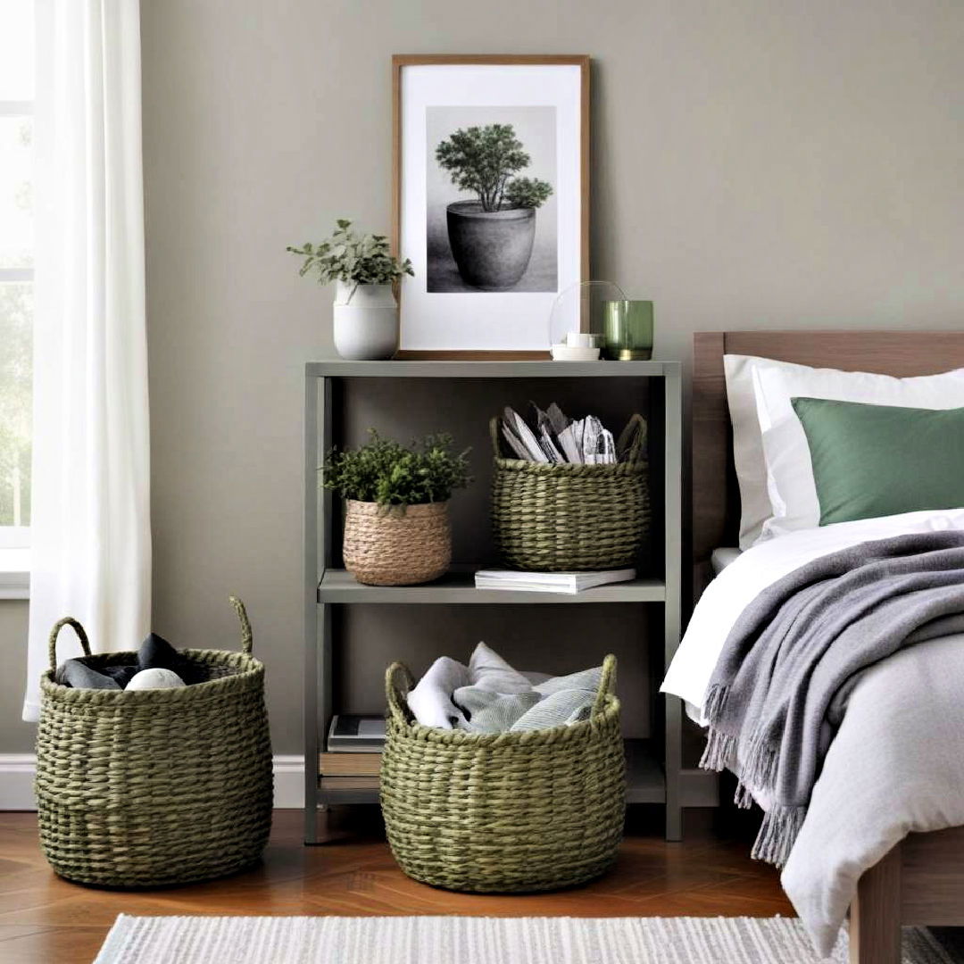 woven baskets for green and grey bedroom - 20 Green and Grey Bedroom Ideas