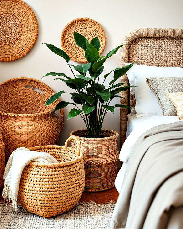 woven baskets to add bohemian charm - 25 Hippie Bedroom Ideas