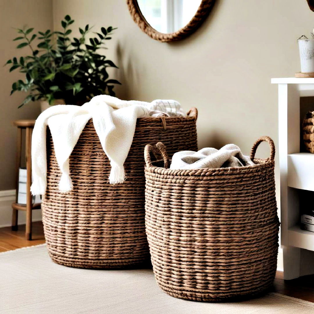woven baskets to store blankets - 40 Neutral Living Room Ideas