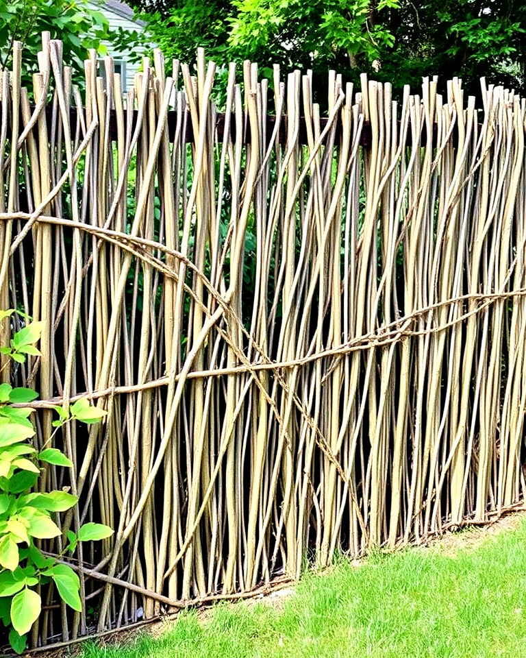 woven branch fence for rustic charm - 20 Fence Art Ideas