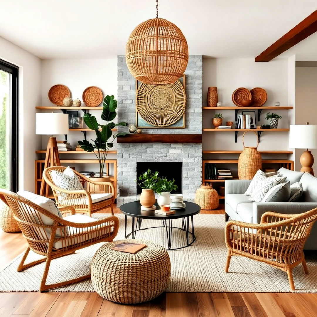 woven furniture and accessories design - 25 Organic Modern Living Room Design Ideas