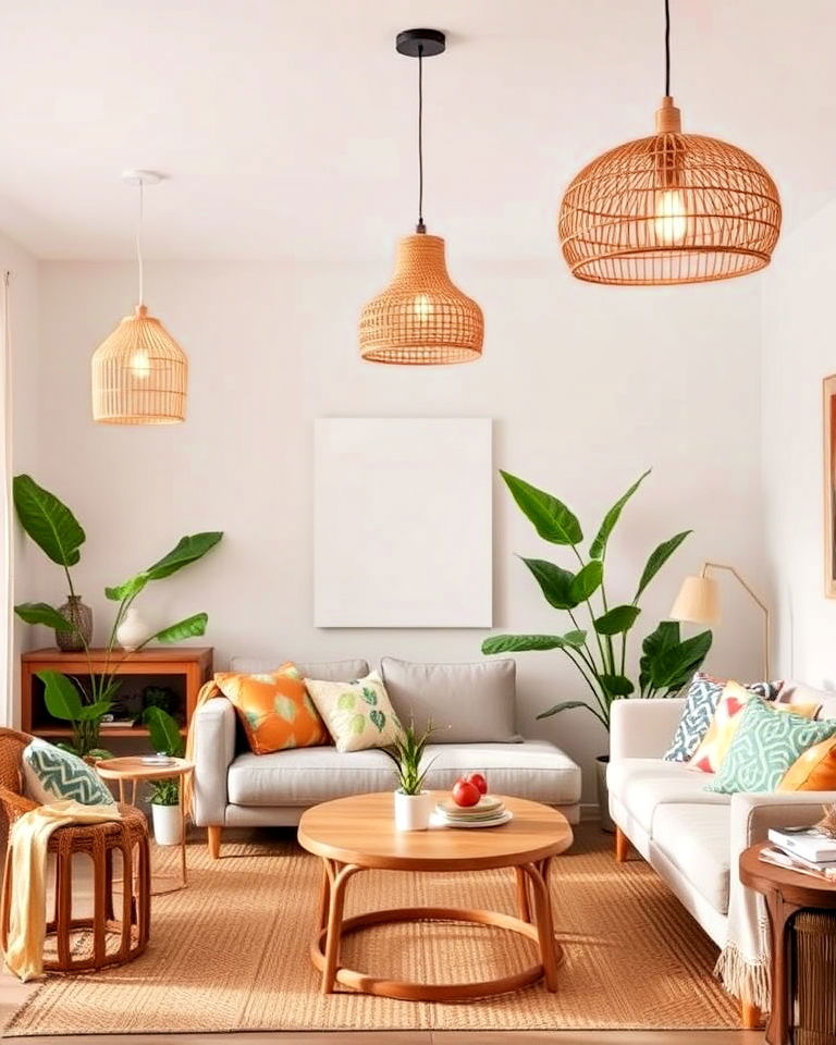 woven lighting fixtures for tropical living room - 25 Tropical Living Room Ideas