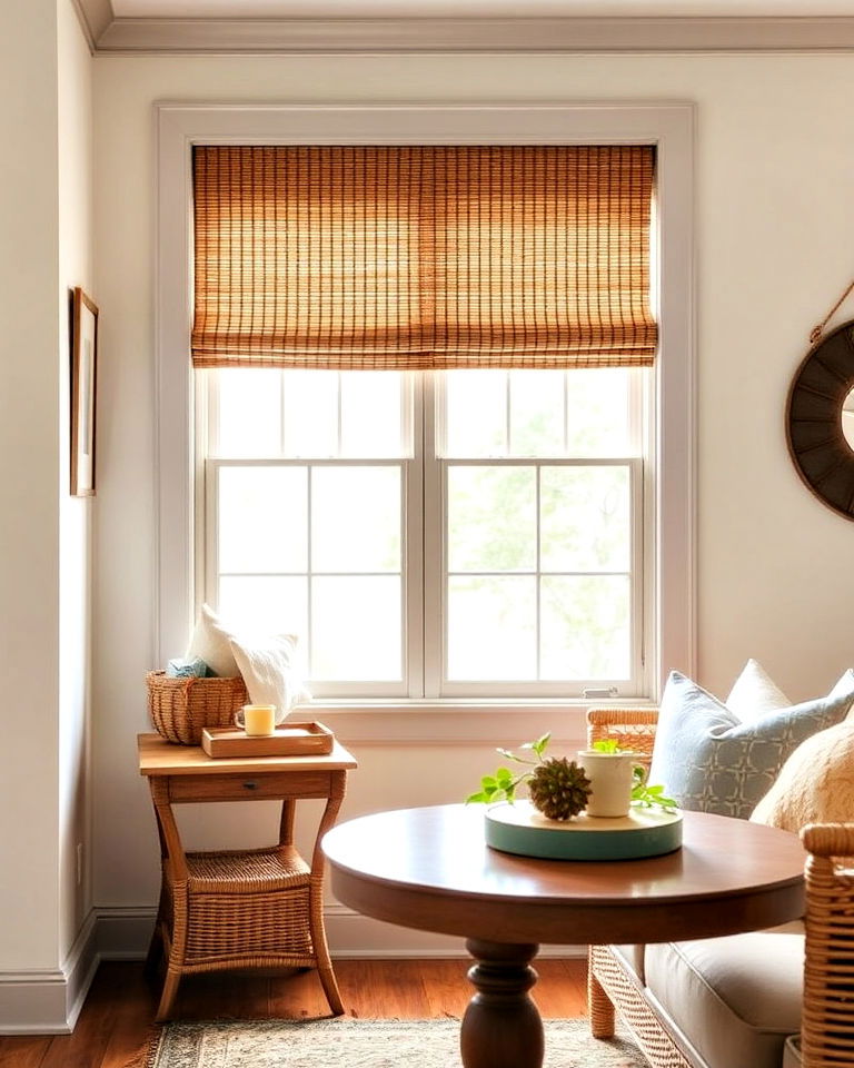 woven roman shades for farmhouse window treatment - 40 Farmhouse Window Treatment Ideas