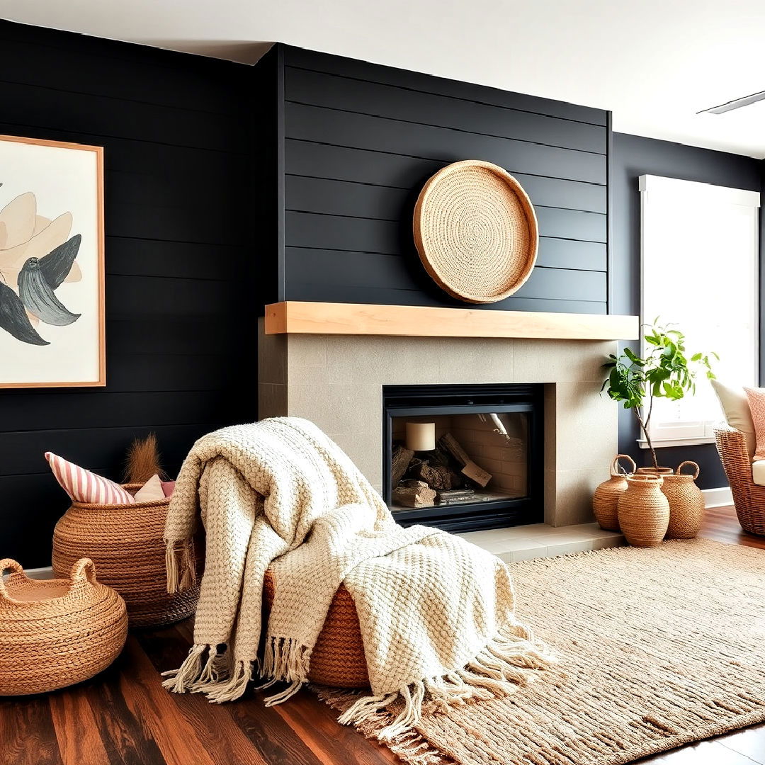 woven textiles for black shiplap fireplace - 40 Black Shiplap Fireplace Ideas