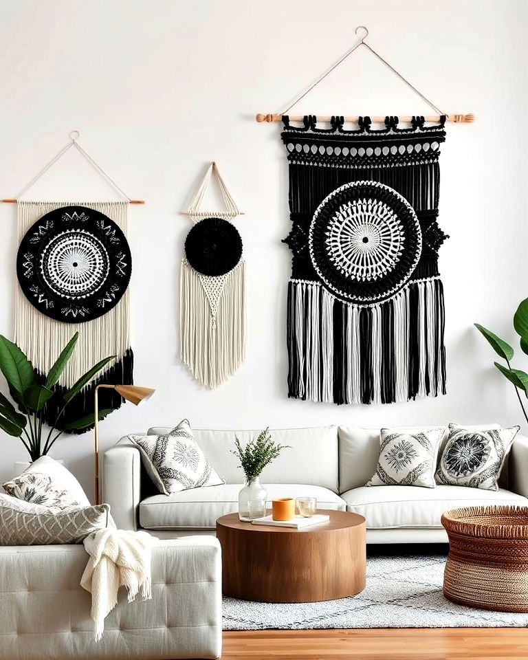woven wall hangings for black and white boho living room - 20 Black and White Boho Living Room Ideas