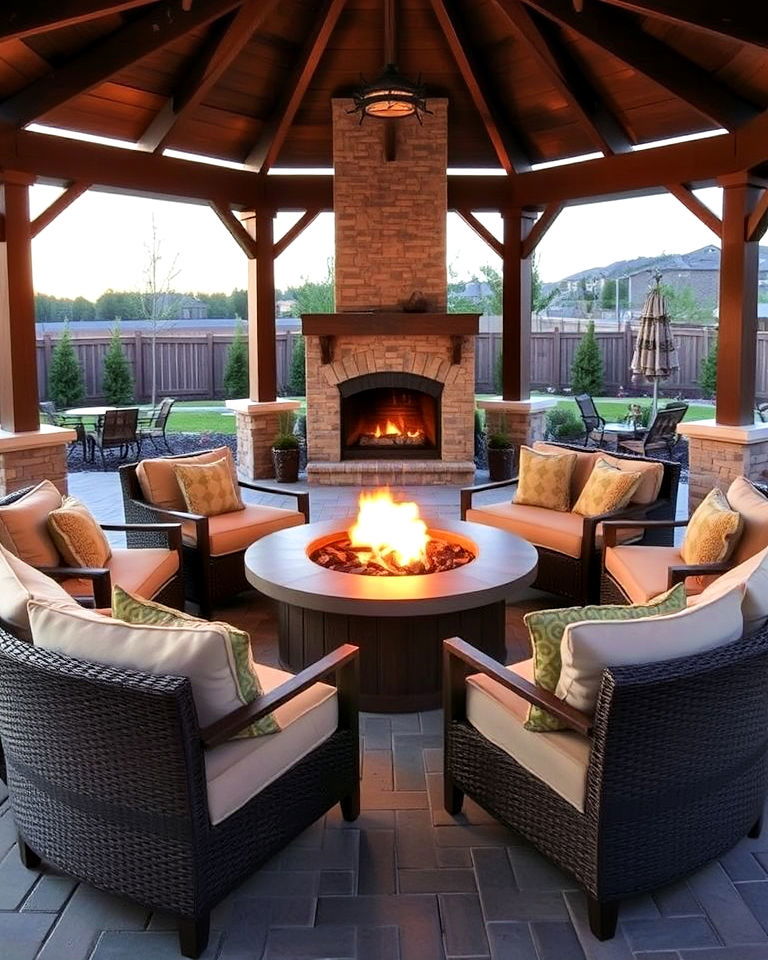wrap around seating for pavilion with fire table - 15 Backyard Pavilions With Fireplaces