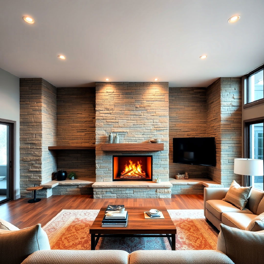 wrap around stacked stone fireplace ideas - 25 Stacked Stone Fireplace Ideas
