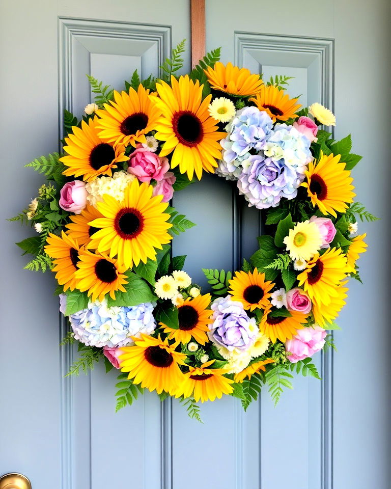wreath of fresh florals for summer door decor - 20 Summer Door Decoration Ideas