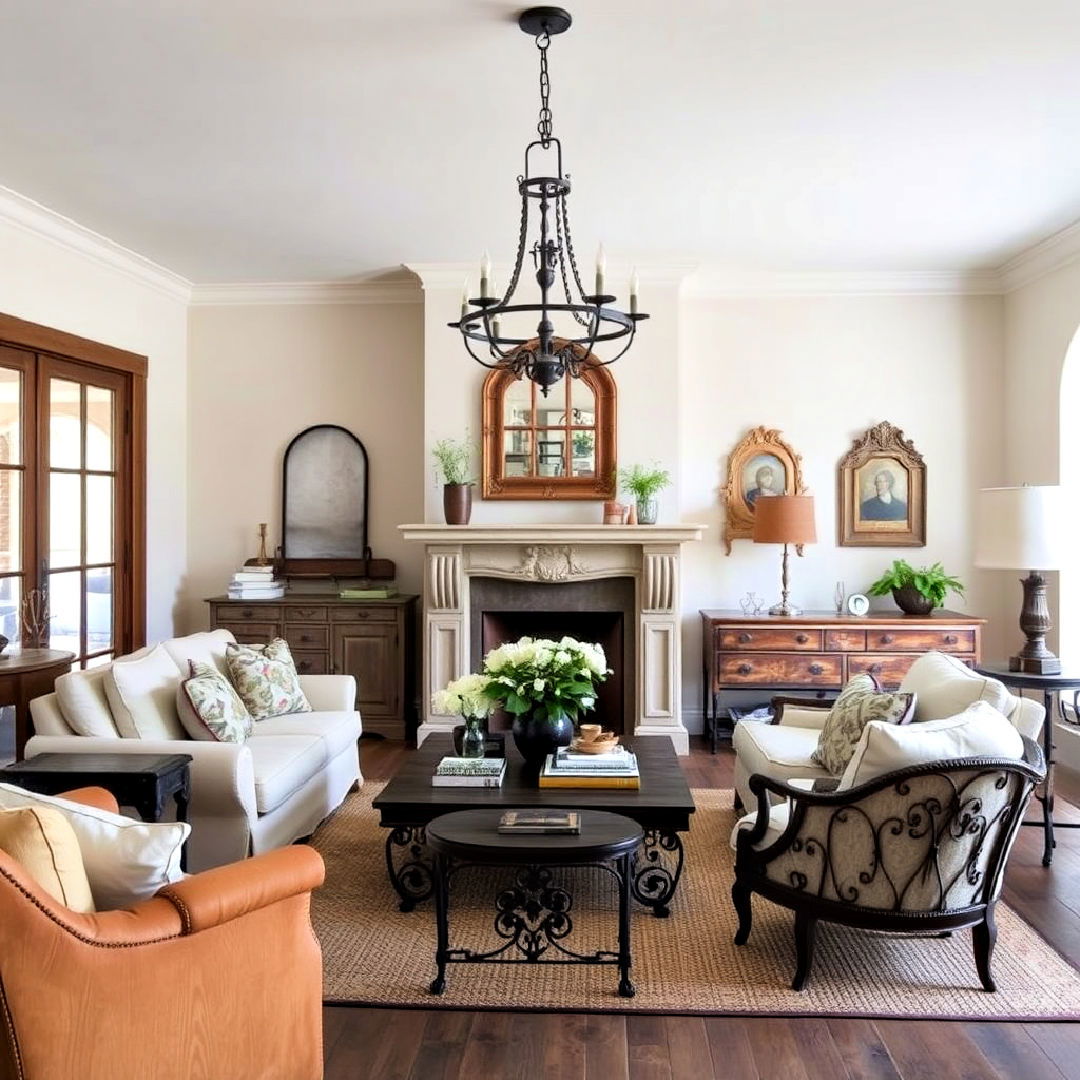 wrought iron elements to add rustic touch - 40 French Country Living Room Ideas