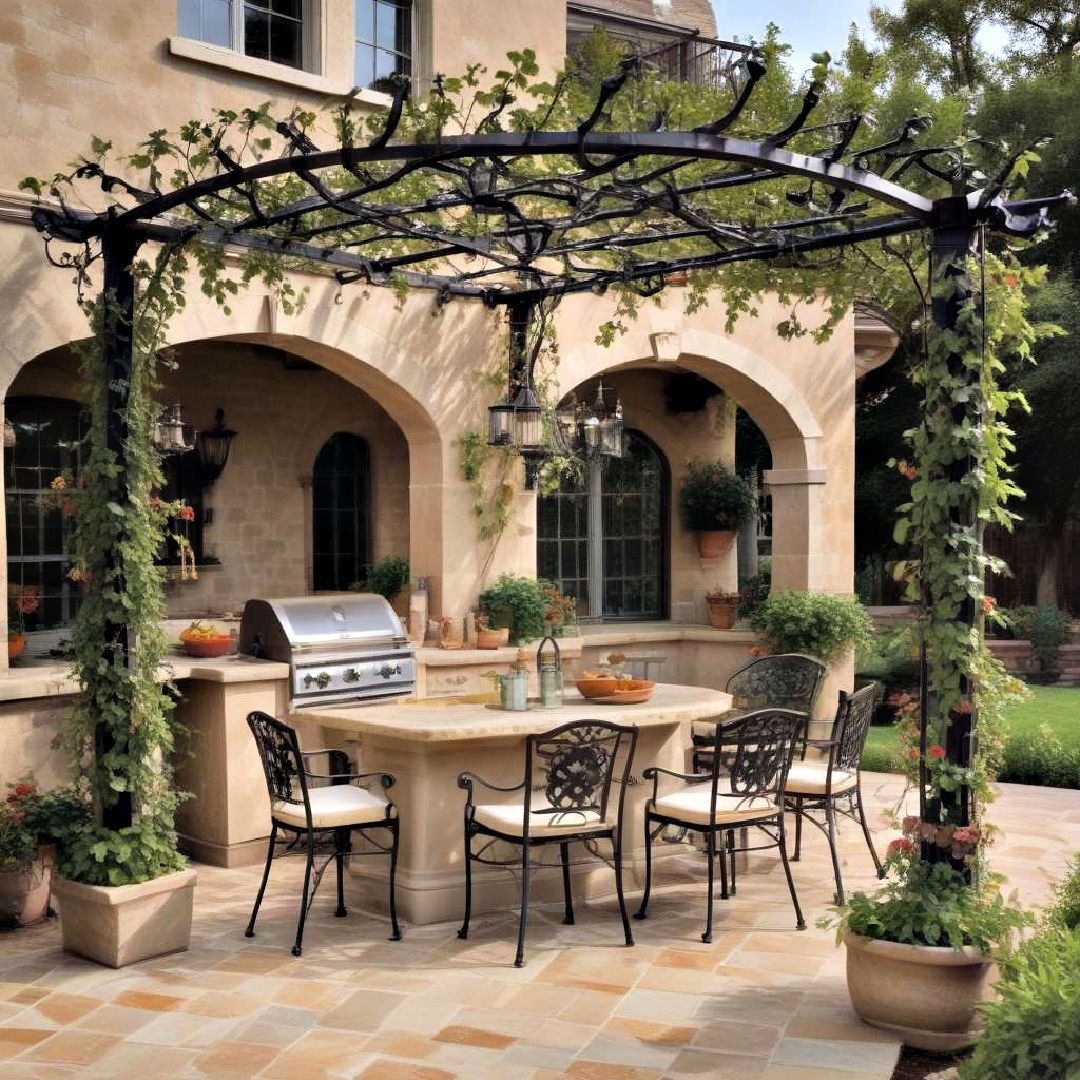 wrought iron pergola with climbing vines - 25 Covered Outdoor Kitchen Ideas
