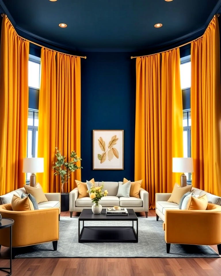 yellow accent curtains against blue walls - 15 Yellow and Blue Living Room Ideas