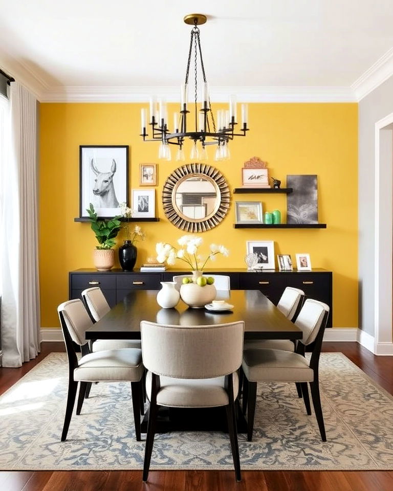 yellow accent wall to add depth - 20 Yellow Dining Room Ideas