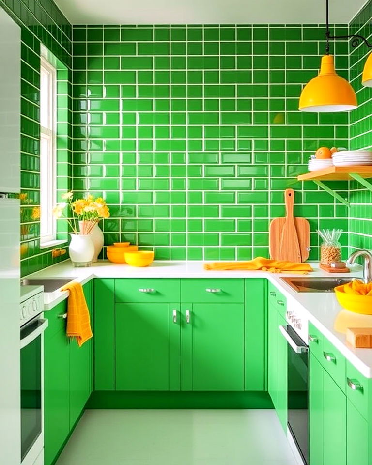yellow accessories and bright green kitchen tiles - 20 Green and Yellow Kitchen Ideas