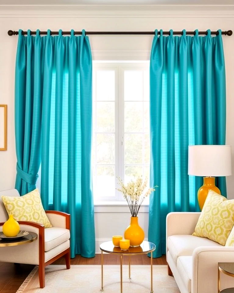 yellow accessories with teal curtains - 25 Teal and Yellow Living Room Ideas