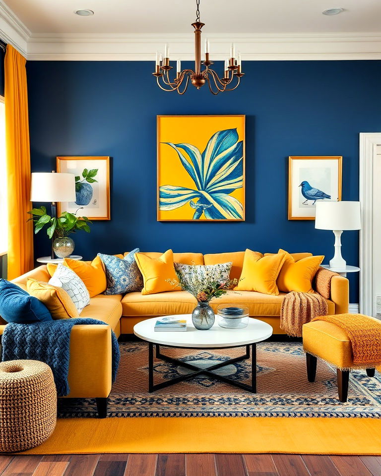 yellow and blue layered fabrics - 15 Yellow and Blue Living Room Ideas
