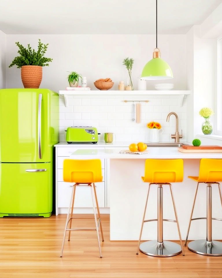 yellow barstools and lime green kitchen appliances - 20 Green and Yellow Kitchen Ideas