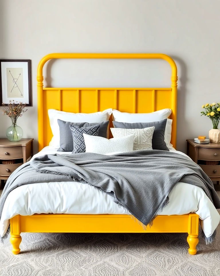 yellow bedframe with grey throws - 25 Yellow and Grey Bedroom Ideas