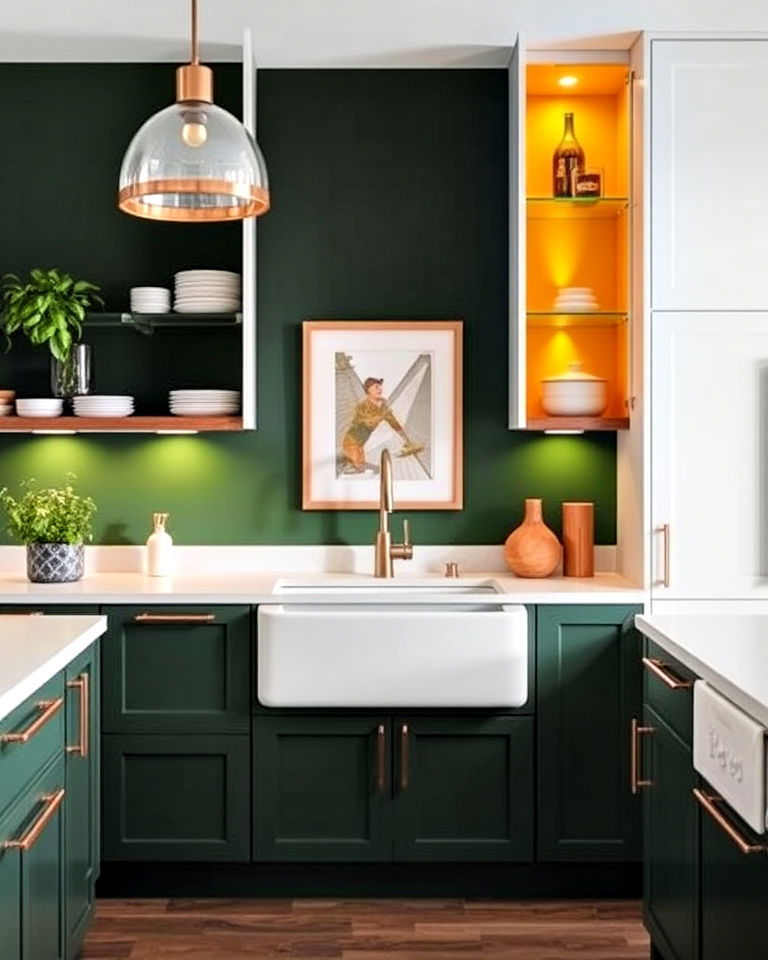 yellow cabinet interiors with dark green accent wall - 20 Green and Yellow Kitchen Ideas