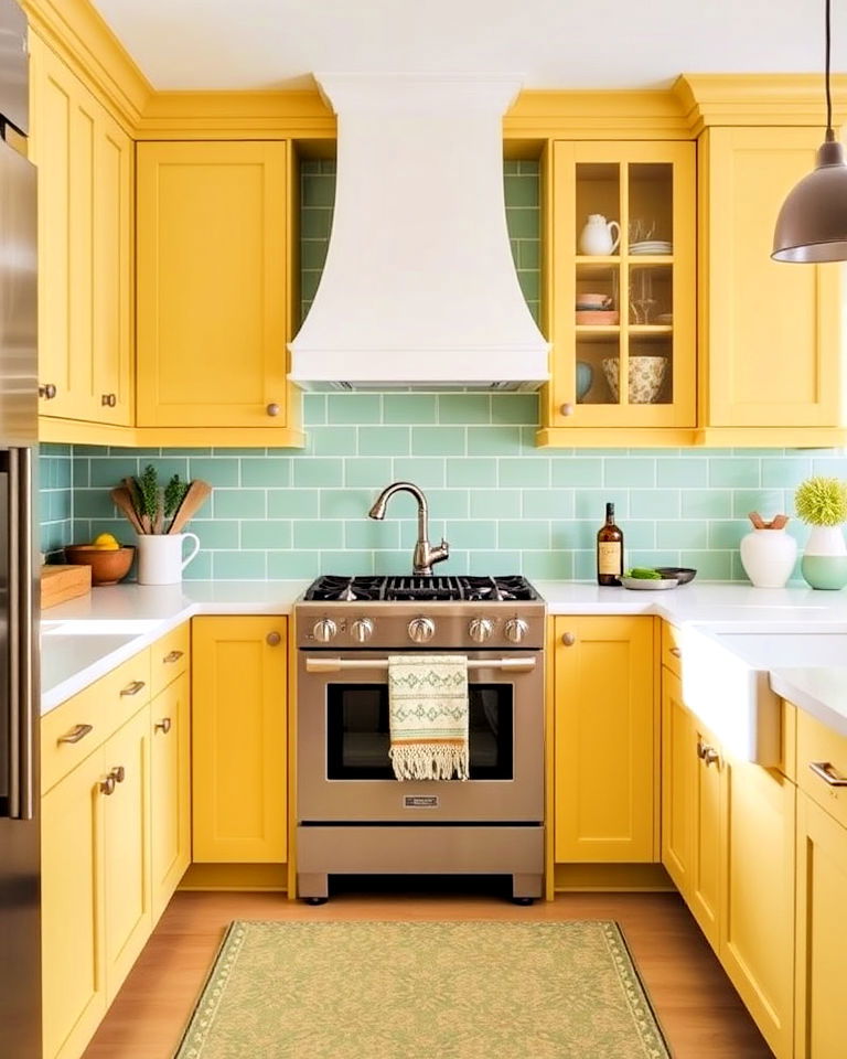 yellow cabinets and mint green backsplash - 20 Green and Yellow Kitchen Ideas