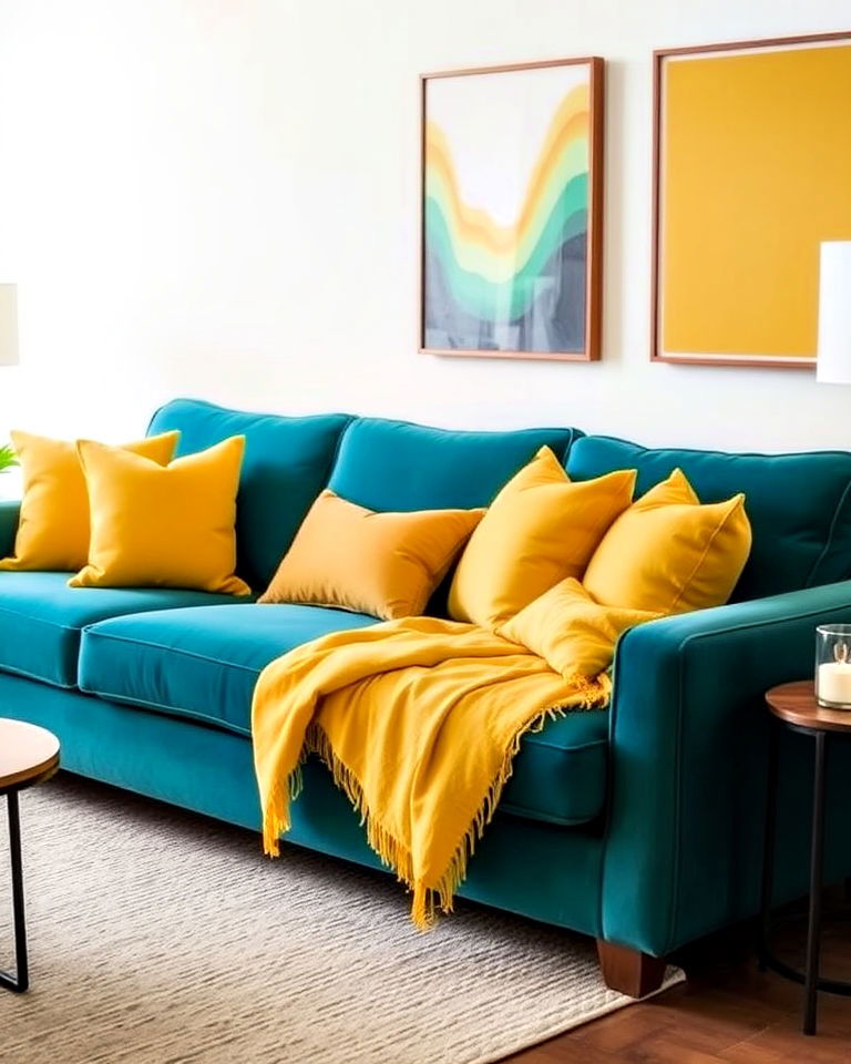 yellow cushions with teal sofa for living room - 25 Teal and Yellow Living Room Ideas