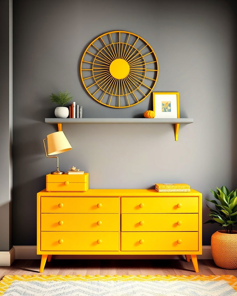 yellow dresser and grey walls for bedroom - 25 Yellow and Grey Bedroom Ideas