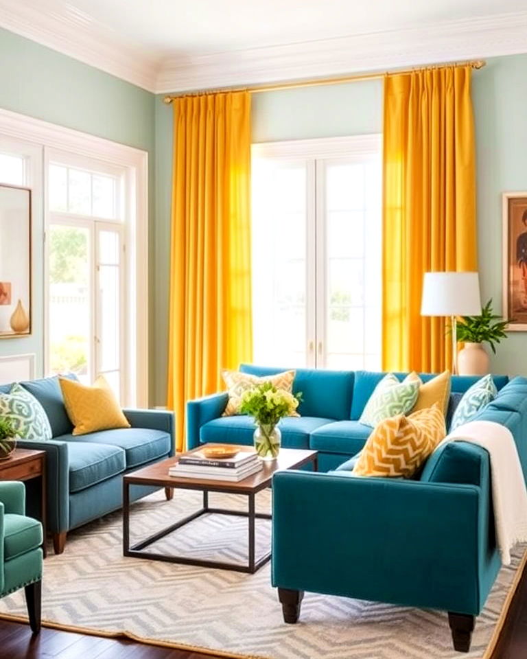 yellow furniture and teal accent wall - 25 Teal and Yellow Living Room Ideas